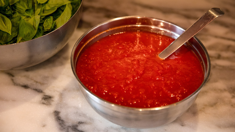 tomato sauce in bowl with ladle