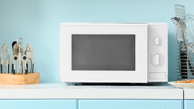 A microwave oven against a light blue wall 