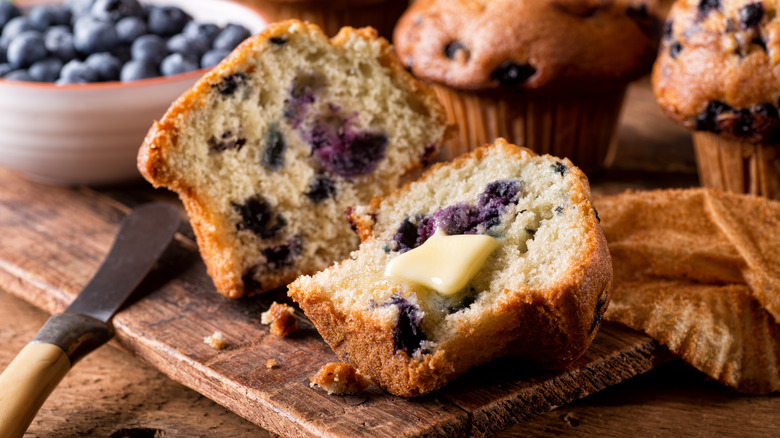 Blueberry muffin cut in half