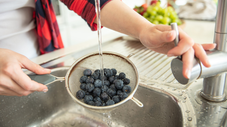 Blueberries in strainer over sink