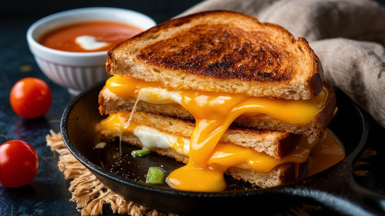 Grilled cheese sandwiches on a cast iron skillet.