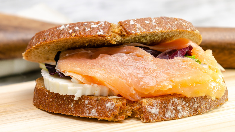 Smoked salmon and cheese sandwich ready to grill.