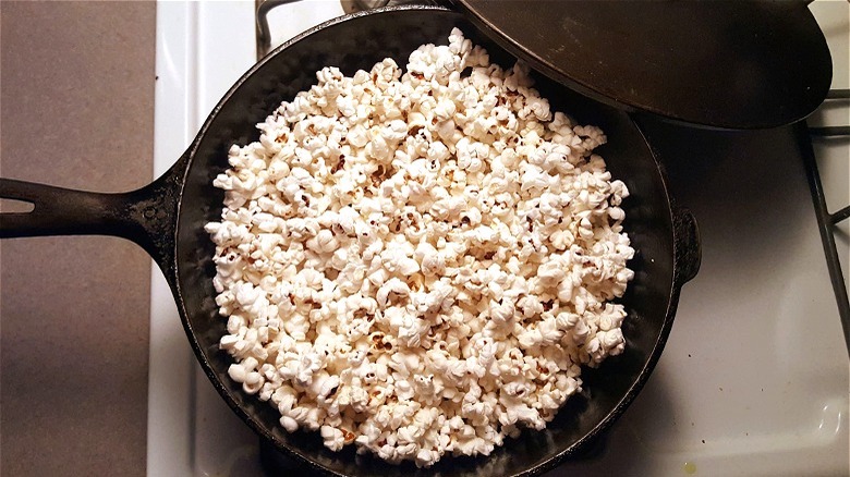 Popped corn in cast iron skillet 