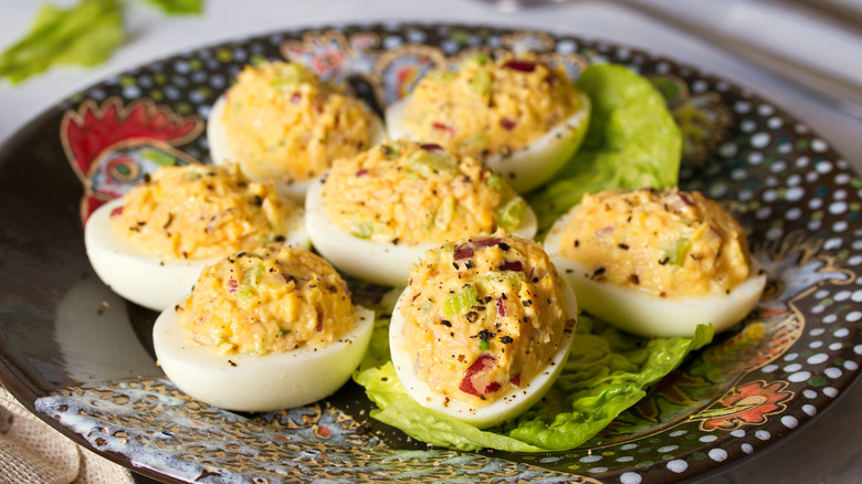 Plate of pepper deviled eggs