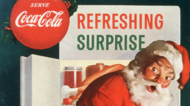 Haddon Sundblom Coke ad of Santa looking over his shoulder in surprise with the refrigerator door open. Text says "Coca-Cola Refreshing Surprise"