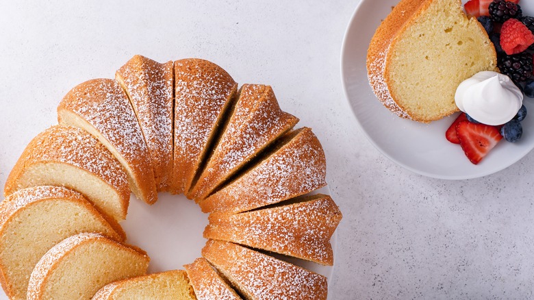 Bundt cake sliced with powdered sugar