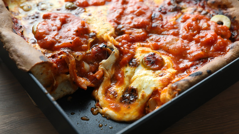 Detroit-style pizza in a pan