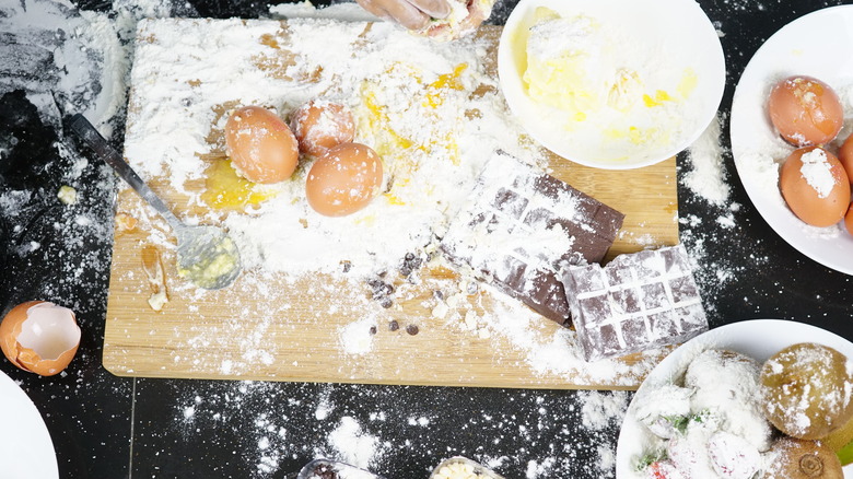 eggs, flour, chocolate, baking mess