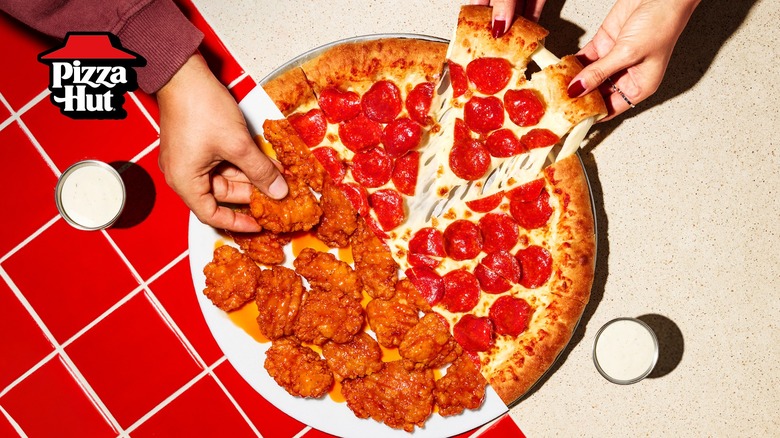 Divided image of Pizza Hut wings and pizza making one dish