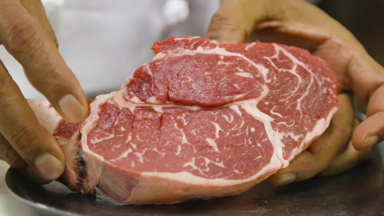 Hands holding a raw steak