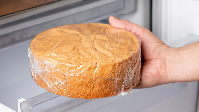 person holding cake wrapped in plastic wrap