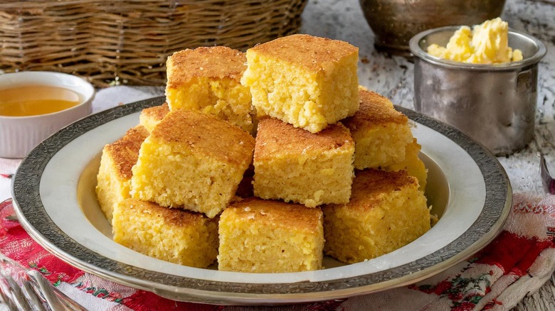 stacked cornbread on plate