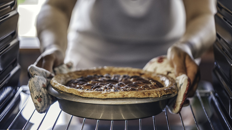 Pecan pie in the oven