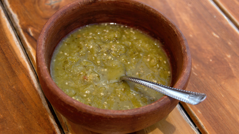 Green taco sauce in bowl