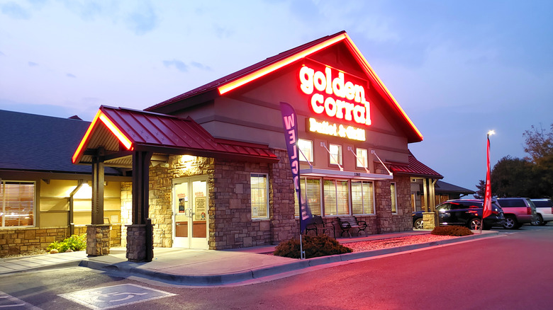 Golden Corral restaurant at night, with lit-up exterior