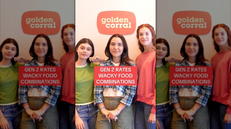 Three teenage girls stand under a Golden Corral sign, with a caption of "Gen Z Rates Wacky Food Combinations"