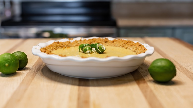 key lime pie baked in ceramic pie dish