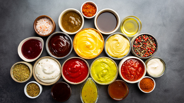 Variety of condiments in dishes