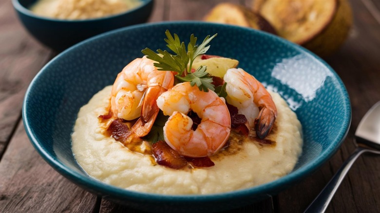 Shrimp and grits in a blue bowl