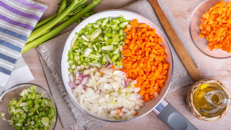 raw mirepoix in pan