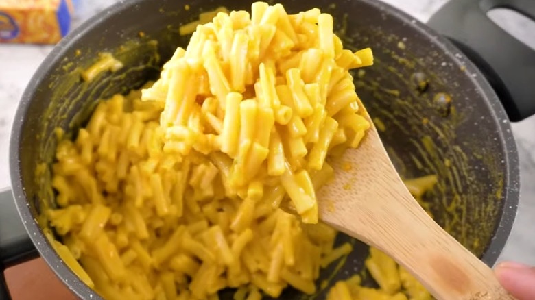 Boxed mac and cheese in a pot