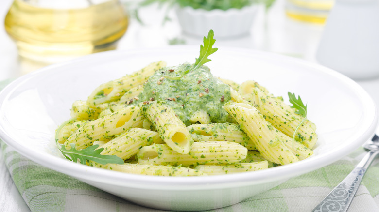 bowl of penne with pesto