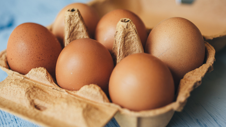 brown eggs in cardboard carton