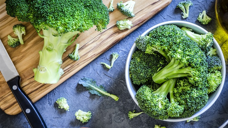 Chopped raw broccoli in bowl