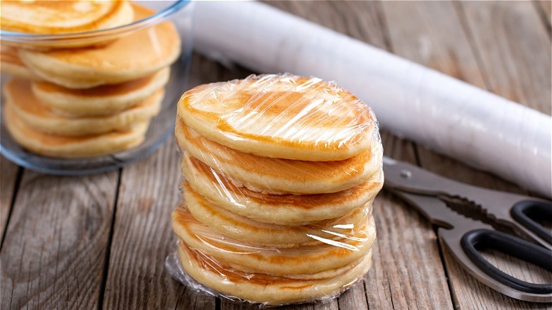 Stack of pancakes wrapped in plastic