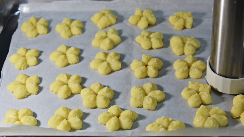 Tray of raw spritz cookies