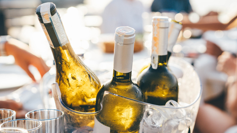 Bottles of white wine in ice bucket