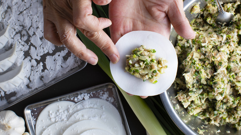 Person filling jiaozi dumplings