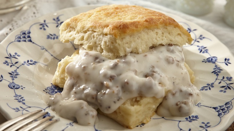 square biscuit with sausage gravy