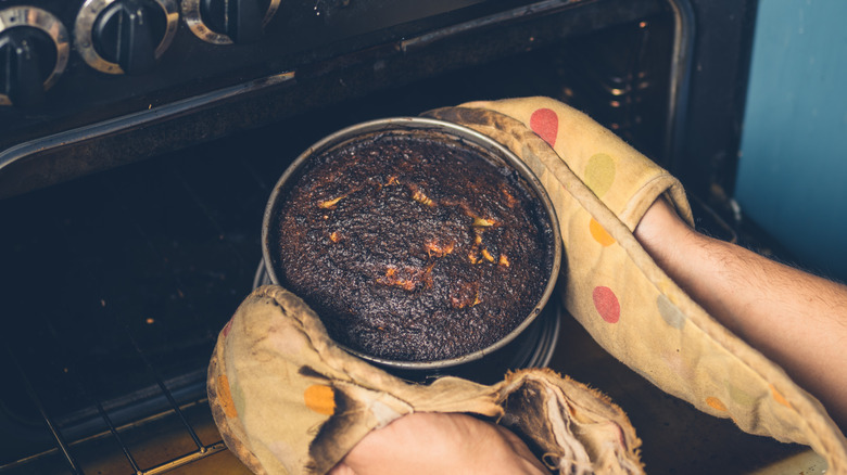 Burt cake coming out of oven