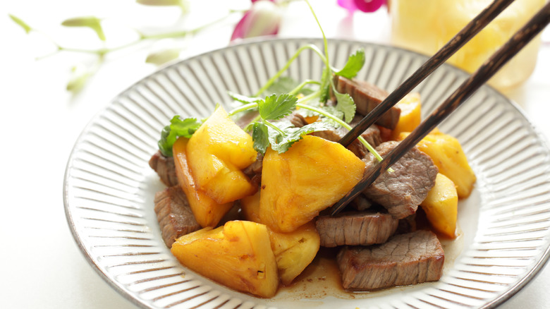 Plate of pineapple beef stir-fry