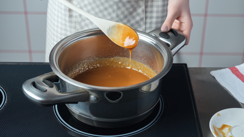 Caramel sauce in saucepan