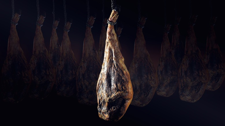 Dry cured ham hanging