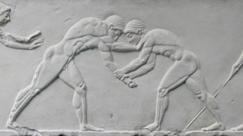 Stone carving of Ancient Greek wrestlers