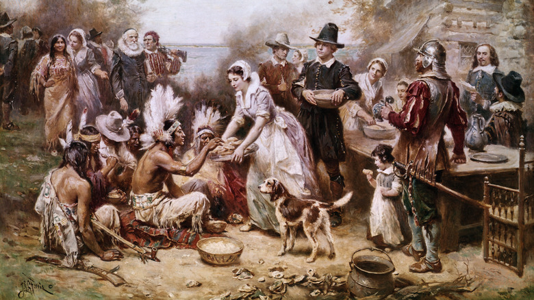 painting of pilgrim Thanksgiving feast