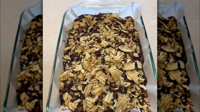 brownie batter topped with potato chips