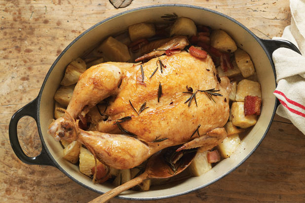 17. Pot-Roasted Chicken with Slab Bacon, Celery Root, and Rosemary