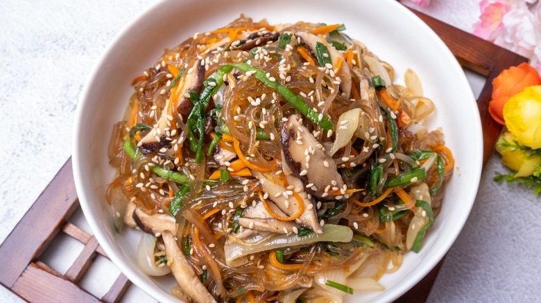 Japchae with dangmyeon in bowl
