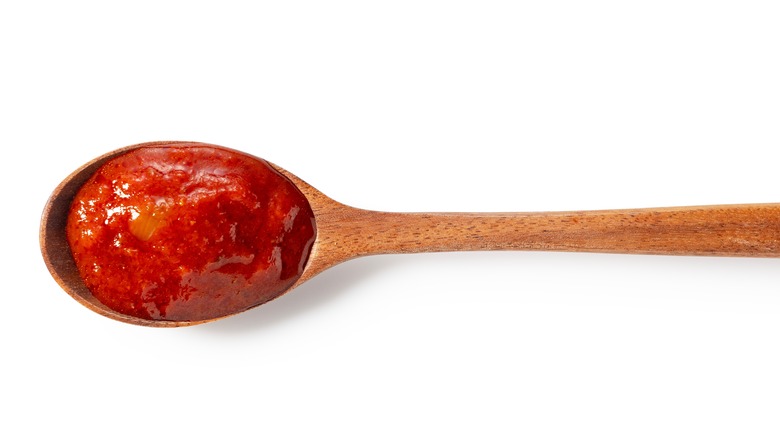 tomato sauce on wooden spoon