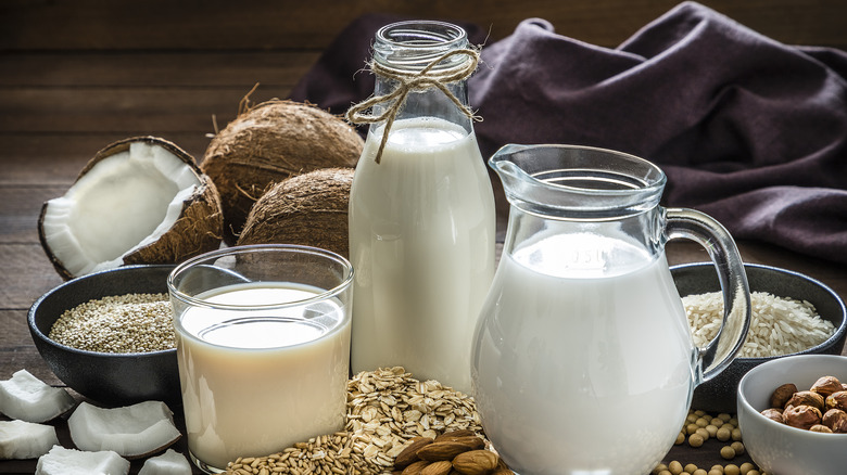 Dairy-free milk substitutes in containers