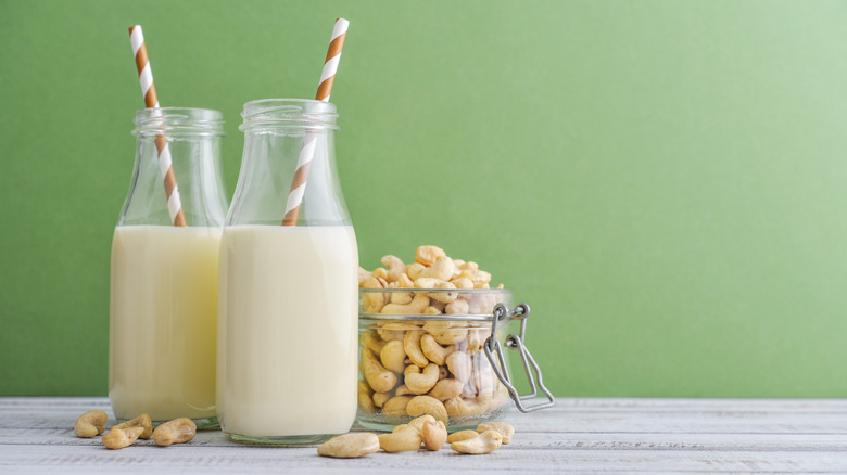 Cashew cream in glass bottles