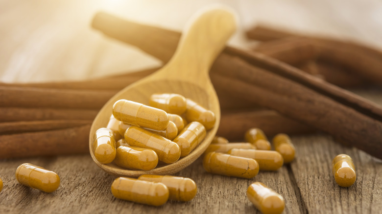 Cinnamon capsules on a spoon