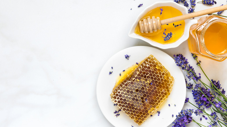 Lavender honey with lavender flowers