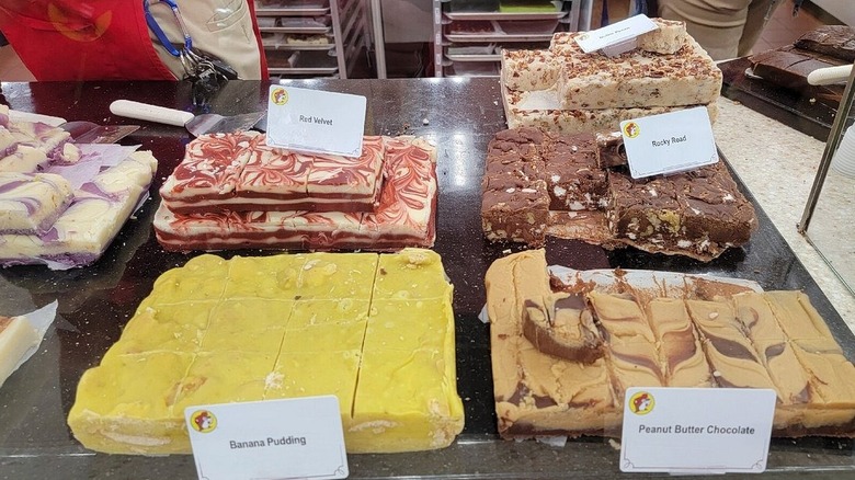 Blocks of Buc-ee's fudge on countertop