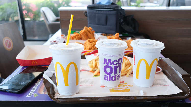 McDonald's cups on a tray