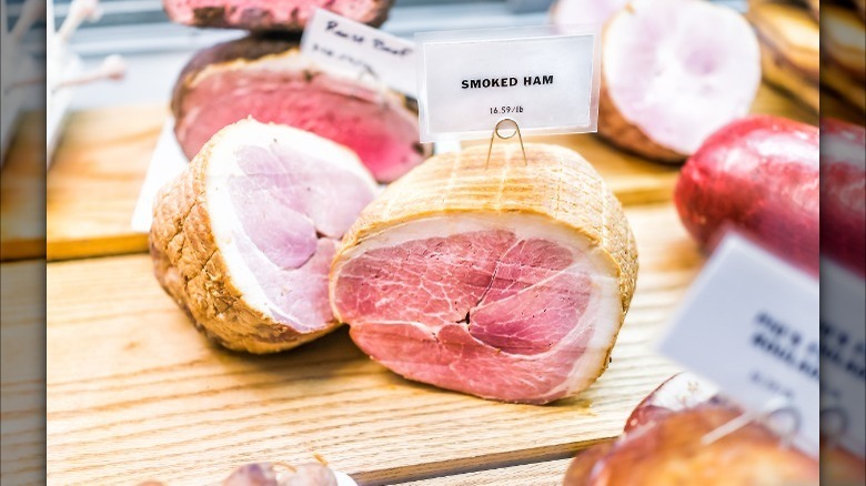 Smoked ham on display